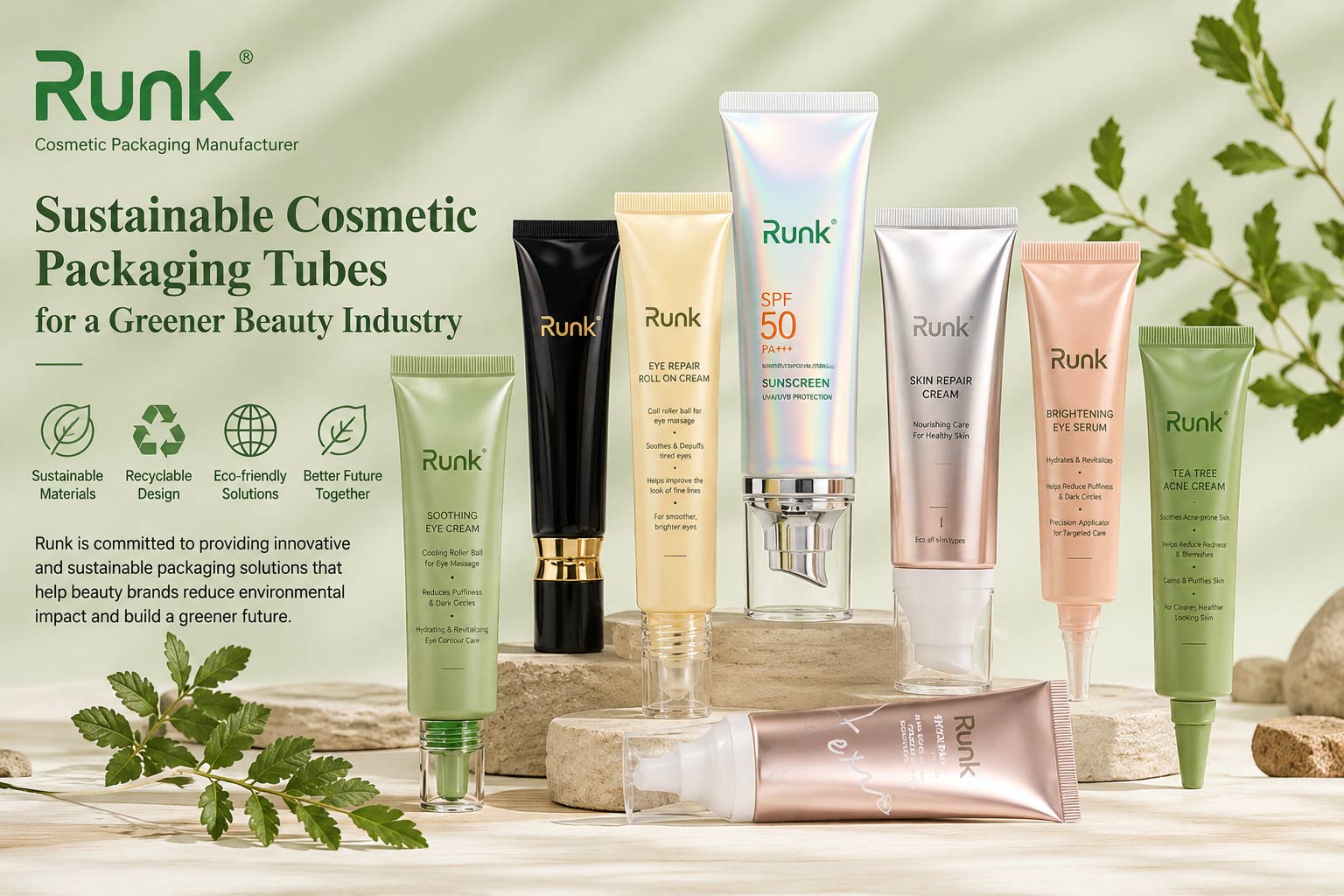 Tubos de embalaje cosmético sostenibles de Runk Factory para una industria de la belleza más ecológica.