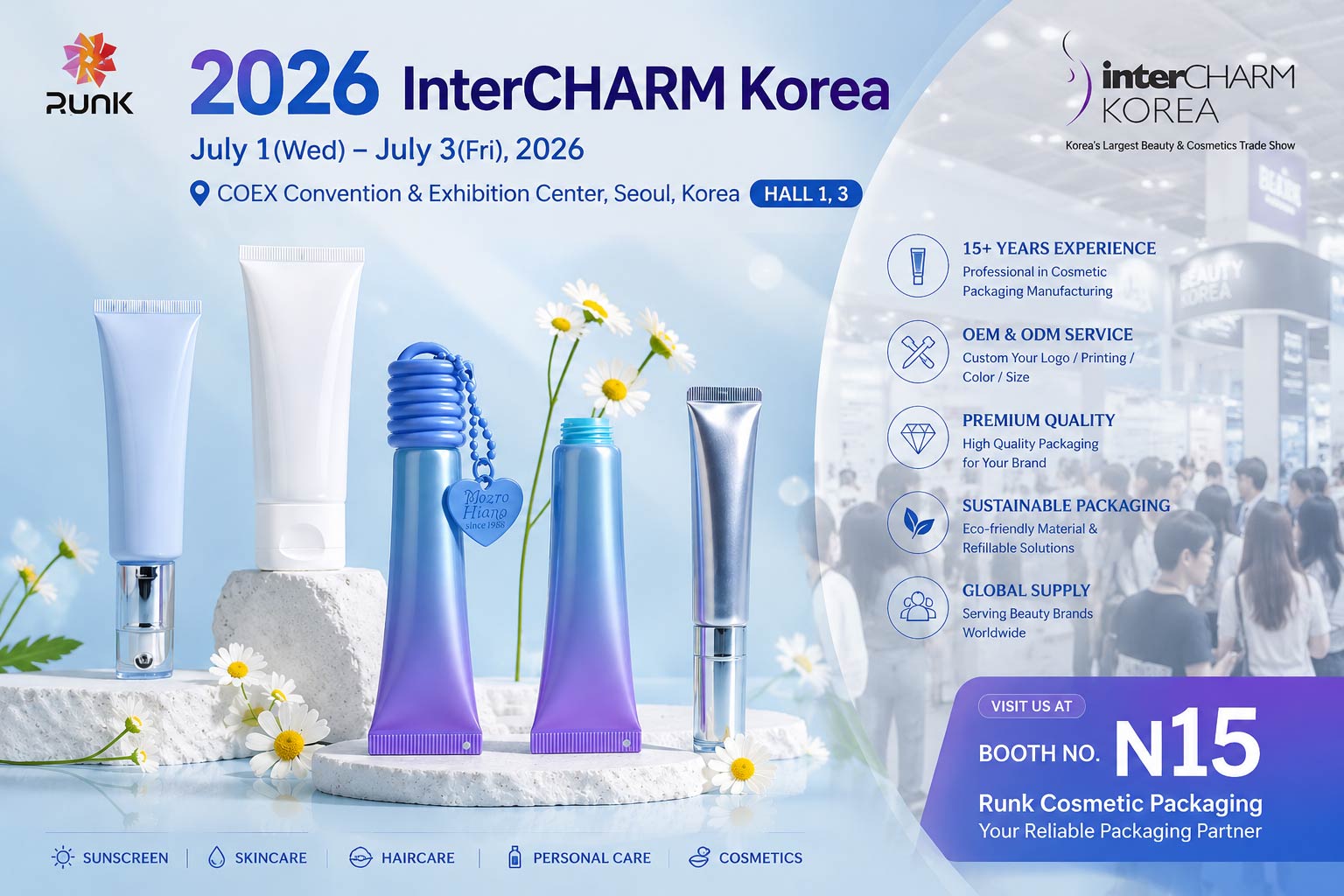 Runk Cosmetics Packaging exhibe sus productos en InterCHARM Corea 2026.
