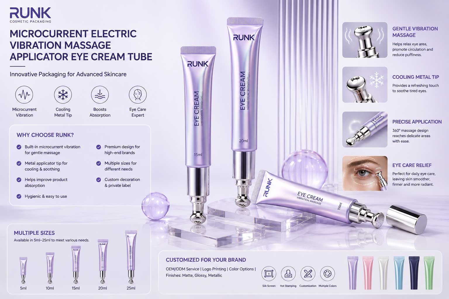 ¿Por qué elegir Runk? Tubo aplicador de crema para ojos con masaje de vibración eléctrica por microcorriente, de gran éxito de ventas.
